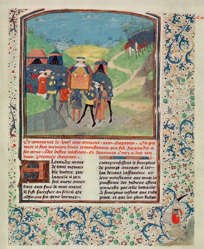 Roy 17 FI f.198 Alejandro Magno dirigiéndose a sus hombres con la esperanza de persuadirlos de continuar hacia la India, de Quinte Curse Ruffe des Fais du Grant Alexandre, c.1468 (vitela) de French School
