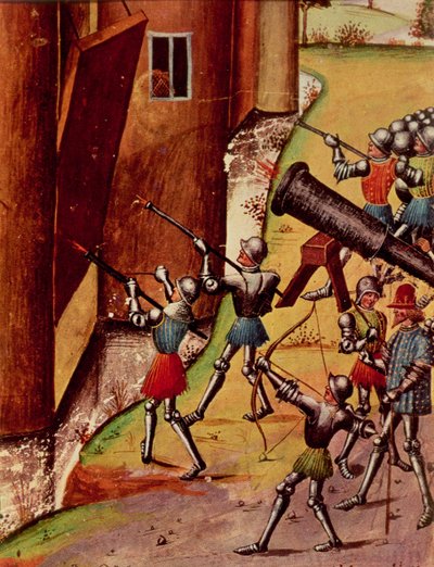 Roy 17 f.1 Soldados armados con cañones de mano asediando un castillo, de Quinte Curse Ruffe des Fais du Grant Alexandre, c.1468 (vitela) de French School