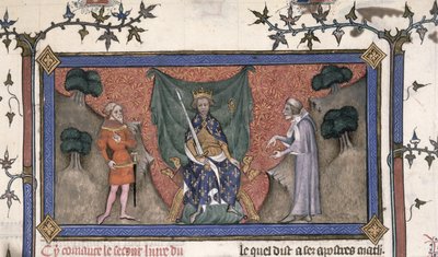 Roy 19 C IV f.154 El rey Carlos V (1337-80) de Francia entronizado con corona, espada y cetro entre un caballero y un escribano de French School