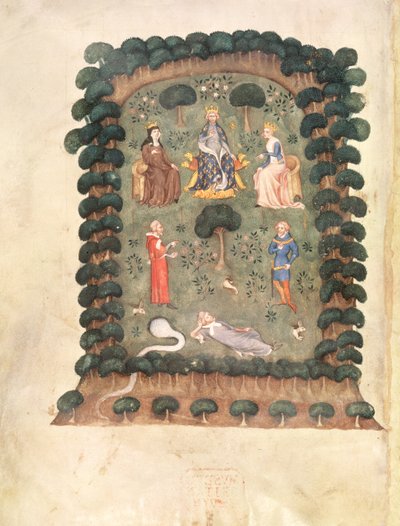 Roy 19 C IV f.298 Carlos V entronizado en el jardín con corona y cetro, del 