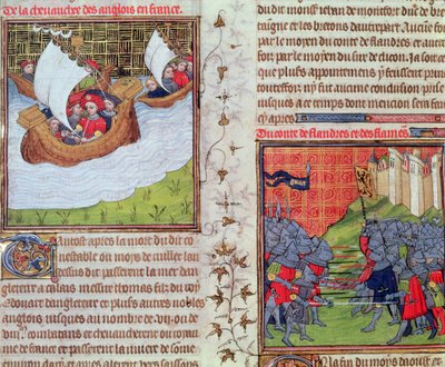 Roy 20 C VII f.219v Los ingleses en el mar, y la batalla de los hombres de Gante y el Conde de Flandes, finales del siglo XIV (vitela) de French School
