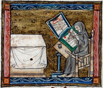 Royal 14 E. III, f.6v Scribe copiando de una copia, ilustración de 