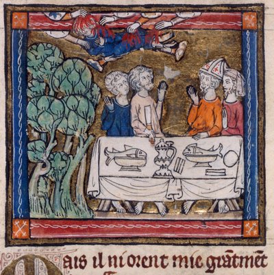 Royal 14 E. III, f.76v Seven Hands Cast Fire on Moys, ilustración de 