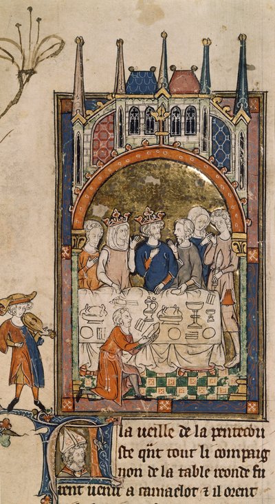 Royal 14 E. III, f.89, Fiesta del Rey Arturo, Rey Arturo y Ginebra en un banquete, con un sirviente arrodillado frente a la mesa cortando pan, de 