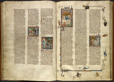 Real 14 E. III, ff.88v-89 Lancelot sacando la cabeza de su abuelo decapitado, el rey, de un pozo hirviendo; un edificio derrumbándose sobre dos caballeros. A la derecha, miniatura de Arturo y Ginebra sentados en un banquete, procedente del "Estoire del Sai de French School