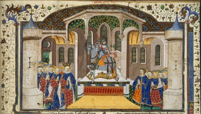 Royal 15 E. VI, f.439 El rey Enrique VI y los caballeros agrupados alrededor de un altar, coronado por San Jorge y el dragón, del 