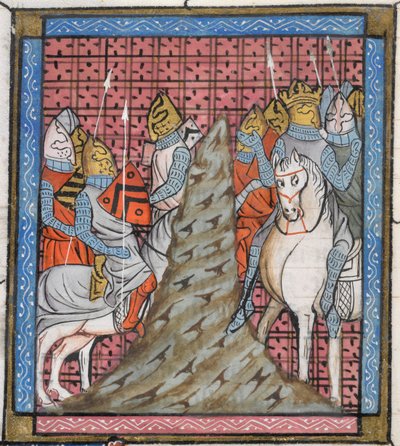 Real 16 G. VI, f.317v Detalle de una miniatura de la división de un ejército cruzado al cruzar una montaña, ilustración de 