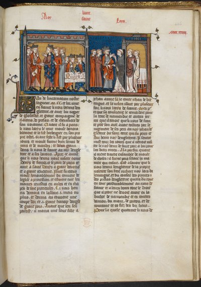 Royal 16 G VI f.426r Miniatura de Enrique III visitando a Luis IX y Enrique III en St Denis, página de 