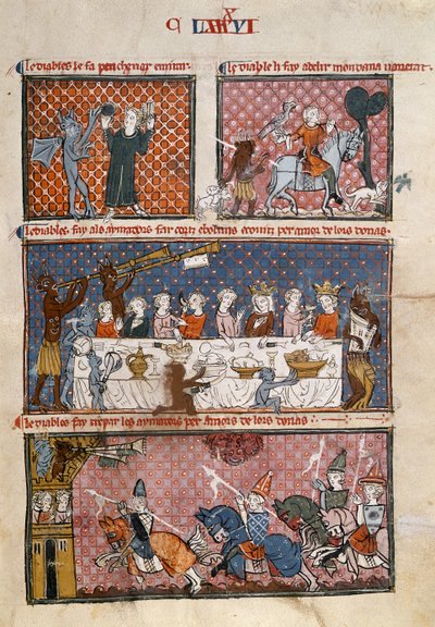 Royal 19 C. I fol.204 Diabolic tentations, from Le Breviario de Amores (vellum) de French School
