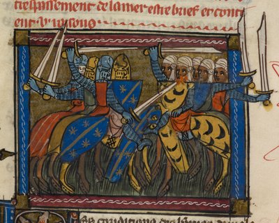 Real 19 D. I f.189v Ejércitos cristianos y sarracenos en batalla, ilustración de 