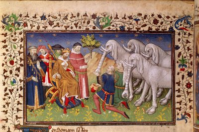 Royal 20 B. XX, fol.82v, Alejandro recibe elefantes blancos, de 