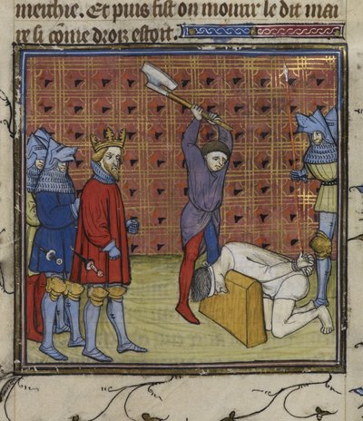 Real 20 C. VII f.134v Líderes del levantamiento de la Jacquerie contra la nobleza francesa decapitados por orden del rey de Navarra, de las "Chroniques de France ou de St Denis" (tinta, color y oro sobre vitela) de French School