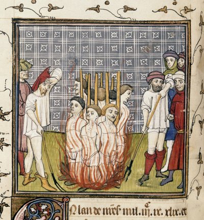 Real 20 C. VII, f.44v Quema de templarios, ilustración de las "Chroniques de France ou de St. Denis" (vitela) de French School
