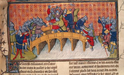 Royal 20 C. VII, fol.137 Batalla en el puente sobre el Sena durante la Guerra de los Cien Años, de 