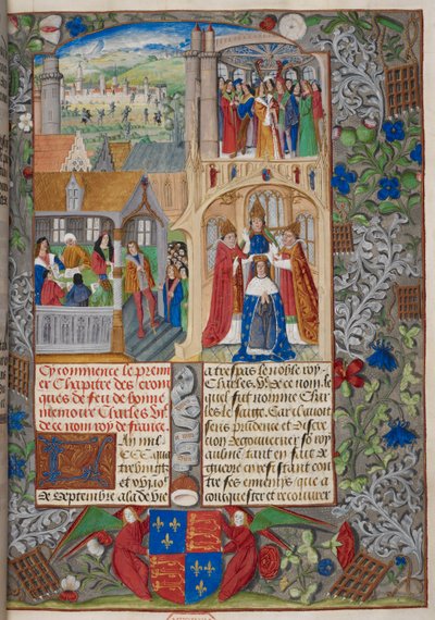 Real 20 E. V, f.8 Coronación de Carlos VII, escenas de las "Chroniques de France ou de Saint Denis" 1487 (vitela) de French School