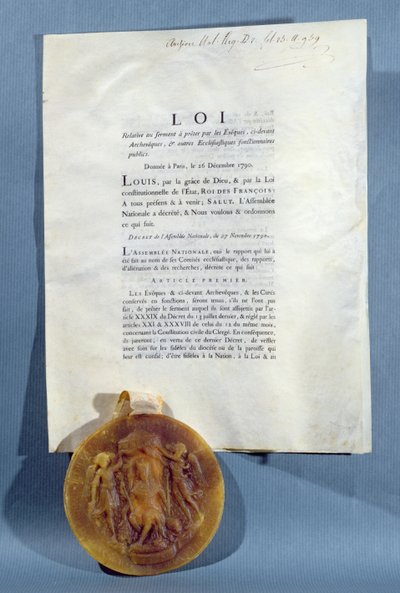 Decreto Real de Luis XVI afirmando la obligación de los obispos y sacerdotes franceses de jurar lealtad a la Constitución Civil del Clero, 16 de diciembre de 1790 de French School