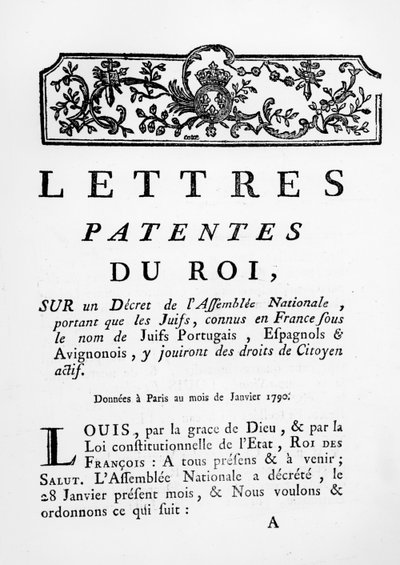 Cartas Patentes Reales otorgando igualdad de derechos a los judíos portugueses, españoles y de Aviñón en Francia, París, 28 de enero de 1790 de French School