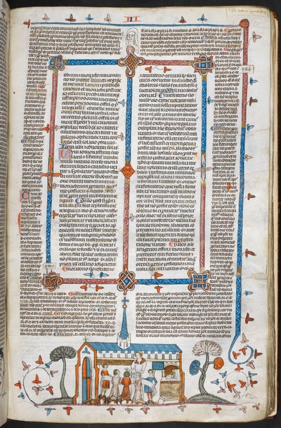 Royal MS 10 E IV f.211r, una escena bas-de-page de comulgantes en una misa, c.1300-40 (pluma y tinta y temple sobre pergamino) de French School