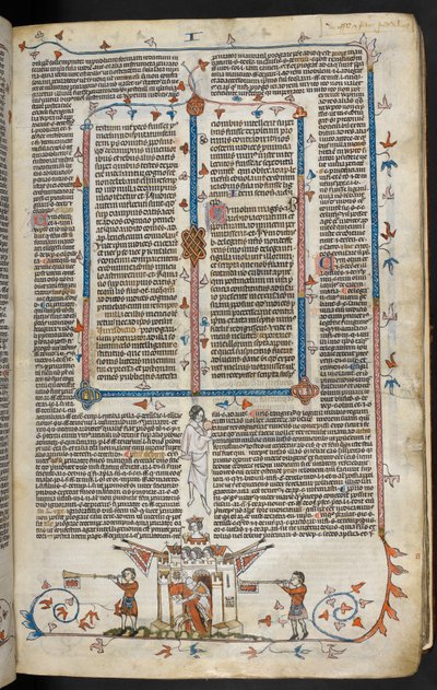 Royal MS 10 E IV f.66r, escena bas-de-page de un caballero montado saliendo de un castillo, c.1300-40 (pluma y tinta y témpera sobre pergamino) de French School