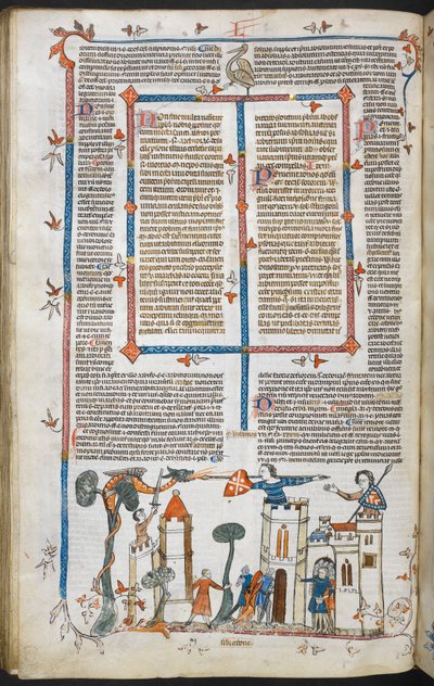 Royal MS 10 E IV f.88v, una escena bas-de-page de un dragón atacando un castillo, c.1300-40 (pluma y tinta y témpera sobre pergamino) de French School