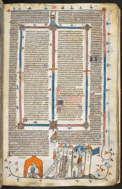 Royal MS 10 iv f.202r Atacar un castillo fortificado y decoración marginal, ilustración de 