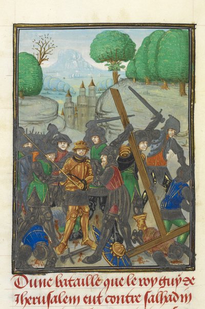 Royal MS 15 E I, f. 433v, La derrota de Guy de Lusignan por Saladino y la pérdida de la Cruz, de 