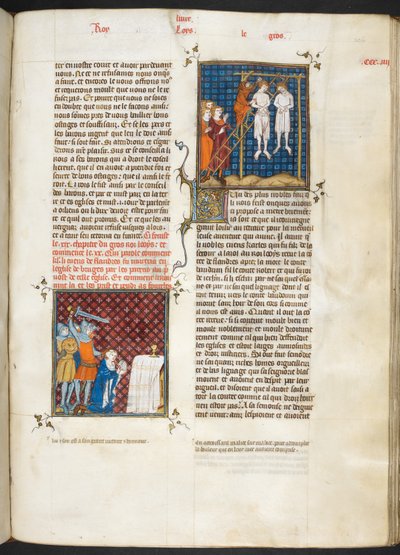 Real MS 16 G. VI, f.306r, Asesinato de Carlos, conde de Flandes ahorcado (Luis VI, libro 20), de Les Grandes Chroniques de France de French School