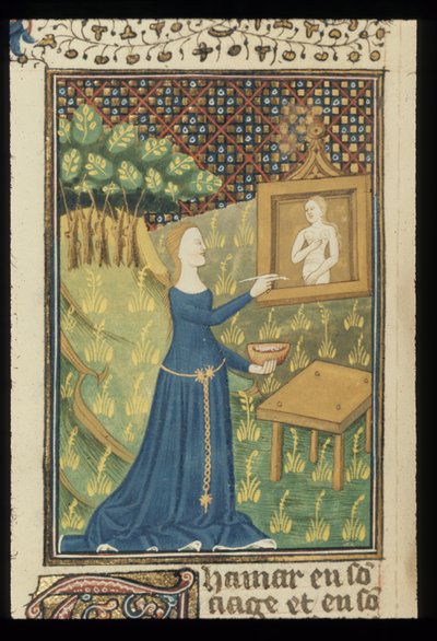 Royal MS 16 G V f.068v Página de De claris mulieribus en una traducción francesa anónima (Le livre de femmes nobles et renomées) de Giovanni Boccaccio, c.1440 (color y oro sobre vitela) de French School