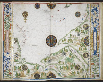 Royal MS 20 E IX f.11v a f.12r Gráfico de las costas de Asia y África desde Cabo Comorín hasta Cabo Delgado, incluidos el Golfo Pérsico y el Mar Rojo, del 