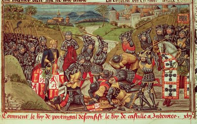 Real Ms 14 E IV f.204: Juan I de Avis venciendo a Juan I de Castilla en la Batalla de Aljubarrota, Portugal de French School