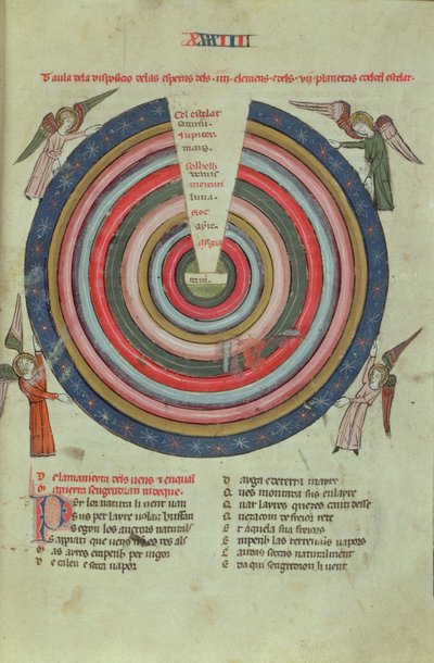 Royal Ms 19 C I fol.50 Un diagrama cosmológico, principios del siglo XIV (vitela) de French School
