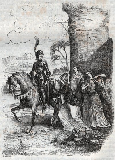Ruggiero y tres ninfas de la corte de Alcina - grabado de 1851 del poema Orlando furioso de French School