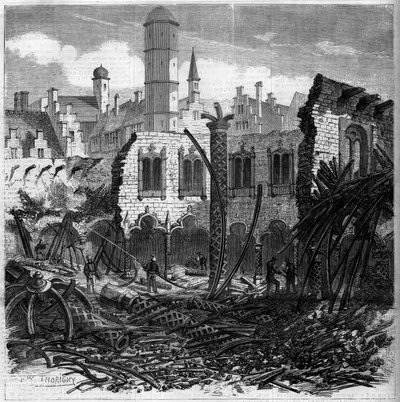 Ruinas de la Bolsa de Amberes (Bélgica) después de un incendio de French School
