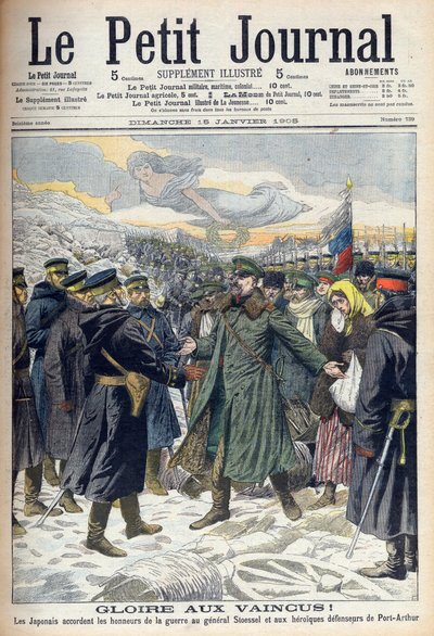Guerra ruso-japonesa 1904-1905: Japoneses permitiendo al General Stoessel y a los defensores rusos de Port Arthur una rendición honorable. De Le petit Journal, París de French School