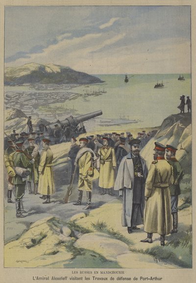 El almirante ruso Yevgeni Alekseyev visitando defensas en construcción en Port Arthur, Manchuria, en vísperas de la Guerra Ruso-Japonesa de French School