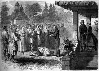 Costumbre rusa: ceremonia de emancipación de un siervo. Como señal de sumisión, el siervo liberado besa los pies de su señor, quien se sirve un vaso de aguardiente de patata. Grabado en “Le Monde Illustré” n°206 del 23 de marzo de 1861 de French School