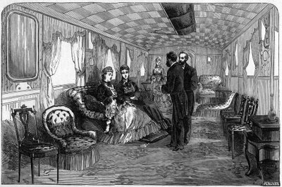 Tren imperial ruso utilizado por el Duque y la Duquesa de Edimburgo en 1874: el vagón salón. Grabado en “Le Monde Illustré” n°886 del 6 de abril de 1874 de French School