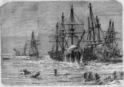 Barcos rusos atrapados en el hielo, en la desembocadura del río Dniéper en el Mar Negro de French School