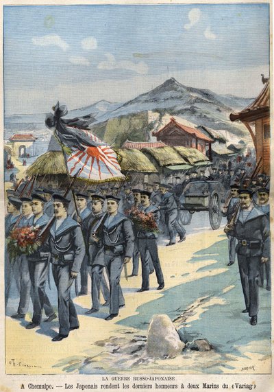 Guerra ruso-japonesa en Chemulpo, los japoneses rinden los últimos honores a dos marineros del Virag. Le Petit Parisien del 3 de abril de French School