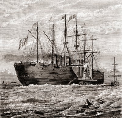 SS Great Eastern, barco de vapor de hierro diseñado por Isambard Kingdom Brunel, de Les Merveilles de la Science, publicado c.1870 (grabado) de French School