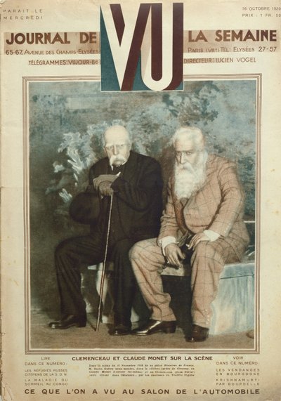 Sacha Guitry (1885-1957) actuando como Claude Monet (1840-1926) y Jean Perier como Georges Clemenceau (1841-1929) en una escena de Histoires de France, de la revista Vu, 16 de octubre de 1919 de French School