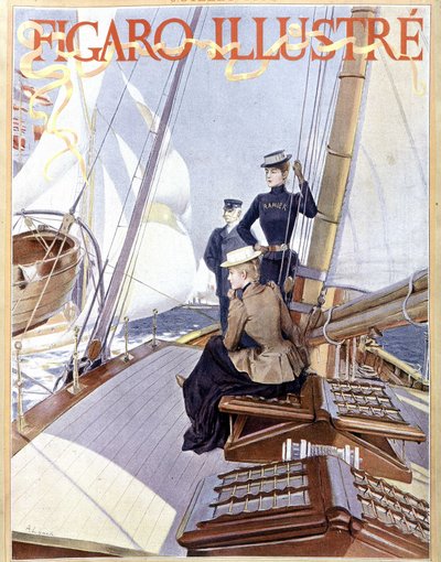 Navegación: mujeres en la cubierta de un barco - dibujo en “Figaro ilustrado” de 1891, Arts Deco de French School