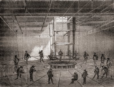 Marineros y trabajadores enrollando el cable telegráfico transatlántico en los tanques de sentina del S.S. Great Eastern de French School