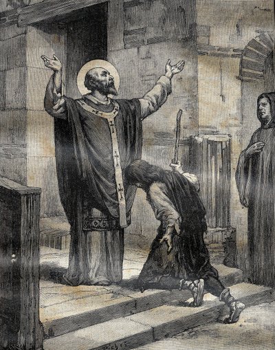 San Aubert (Saint-Aubert) obispo de Cambrai y Arras (633-667?), recibió a su discípulo y ahijado pródigo, Landelin (613-), hijo del señor de Vaulx y le perdonó sus tres años de error. Grabado en “Le Pelerin” 16/12/1899. de French School