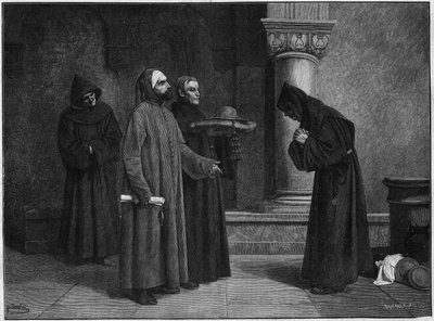 San Buenaventura (Giovanni di Fidanza, conocido como Doctor Seráfico, San Buenaventura) (1221-1274) recibiendo el sombrero de cardenal. Fue consagrado Cardenal-Obispo de Albano en 1273 por Gregorio X en 1273. Grabado por Bauchart de la pintura de Santar. de French School