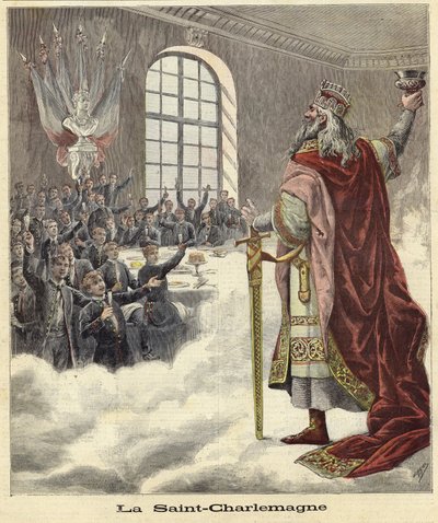 San Carlomagno levantando un cáliz ante los comensales sentados de French School