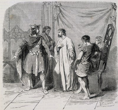 San Eloi y Dagoberto: Dagoberto se asombró cuando Eloi le presentó el segundo sillón - grabado del siglo XIX de French School