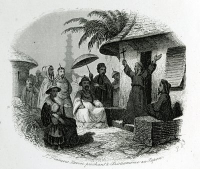 San Francisco Javier predicando el cristianismo en Japón. Grabado para ilustrar Historia y Descripción de Japón por el Padre de Charlevoix, A.Mame et Compagnie editores, Tours. de French School