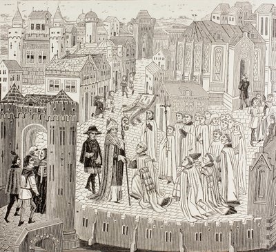 San Gaugerico, obispo de Cambrai, llegando a la ciudad para su nombramiento, de 