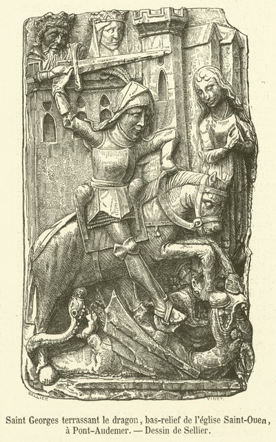 San Jorge matando al dragón, bajorrelieve de la iglesia de Saint-Ouen, en Pont-Audemer de French School